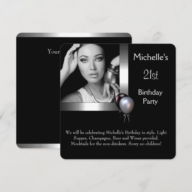 Invitation Elégante photo Silver Black Balloon 21e anniversai (Devant / Derrière)