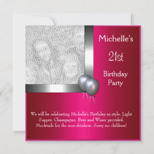 Invitation Elégante photo Silver Cerise Balloon 21e anniversa