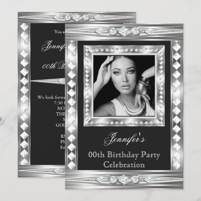 Invitation Elégante photo Silver Glam Diamond Black Anniversa (Devant / Derrière)