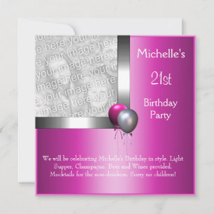 Invitation Elégante photo Silver Pink Balloon 21e anniversair