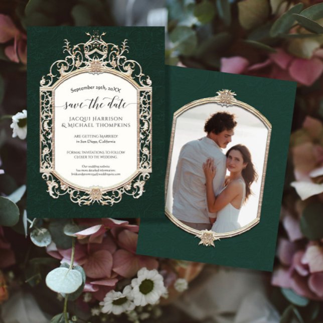 Invitation Élégante photo victorienne Vintage Emerald and Gol (Créateur téléchargé)
