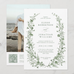 Invitation Élégante Photo Vintage Vert Sauge Code QR Mariage