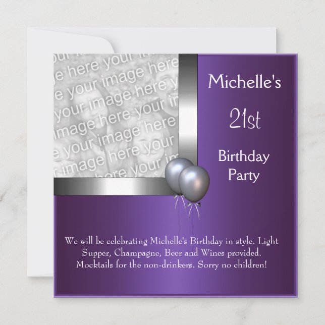 Invitation Elégante photo Violet Ballons d'argent 21e anniver (Devant)