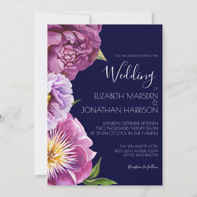 Invitation Elégante Photo Violet Marine Bleu Floral Dark Mood (Devant)