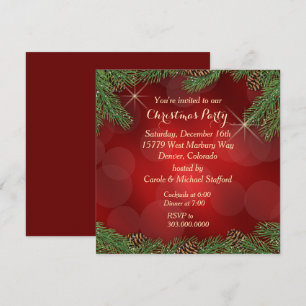 Invitation Élégante Pine Bough Red Gold Noël Party