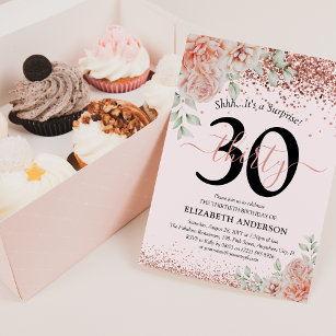 Invitation Elégante Pink Floral & Parties scintillant 30ème a