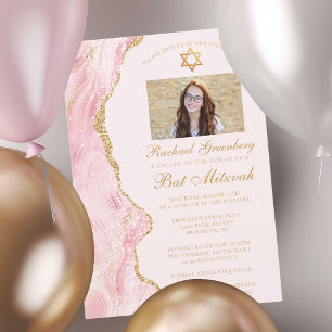 Invitation Elégante Pink Gold Agate Bat mitzvah Photo Party