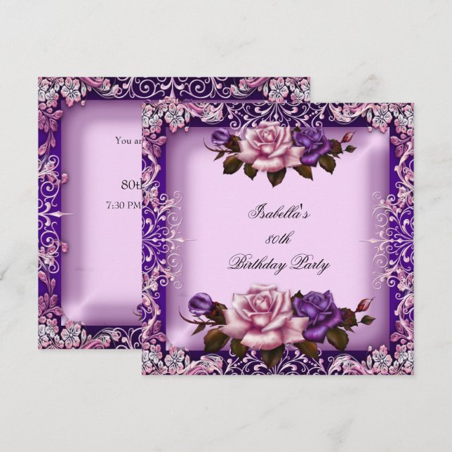 Invitation Élégante Pink Purple Lilac Rose 80e fête d'anniver (Devant / Derrière)