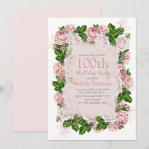 Invitation Elégante Pink Vintage Floral 100e fête d'anniversa