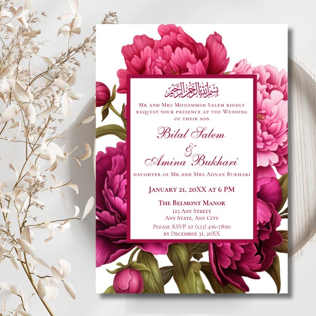 Invitation Élégante pivoines roses Mariage islamique floral (Créateur téléchargé)