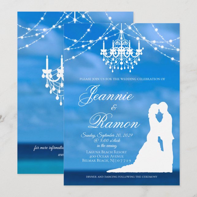 Invitation Elégante plage, Couple & Chandelier Mariage d'été (Devant / Derrière)