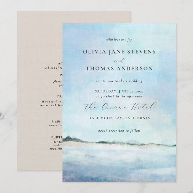 Invitation Elégante plage d'aquarelle chic tout en un Mariage (Devant / Derrière)