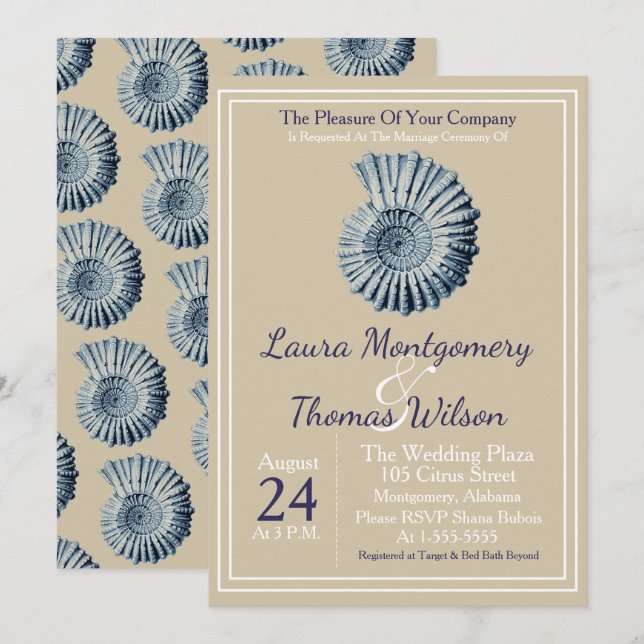 Invitation Elégante plage nautique Mariage de coquillages ble (Devant / Derrière)