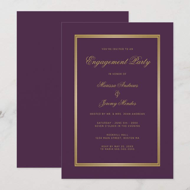 Invitation Élégante Plum Purple Gold Script Partie d'engageme (Devant / Derrière)