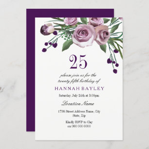 Invitation Élégante Plum violet Rose 25e anniversaire Invitat
