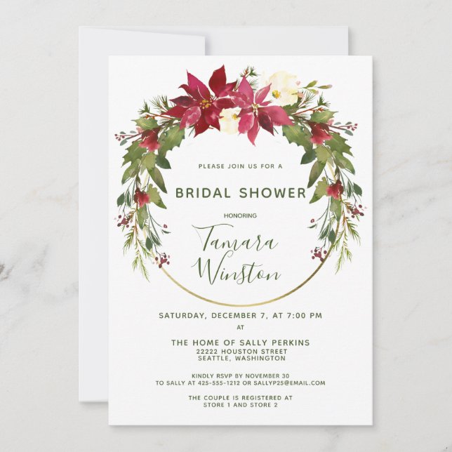 Invitation Elégante Poinsettia Fête des mariées de Noël Flora (Devant)