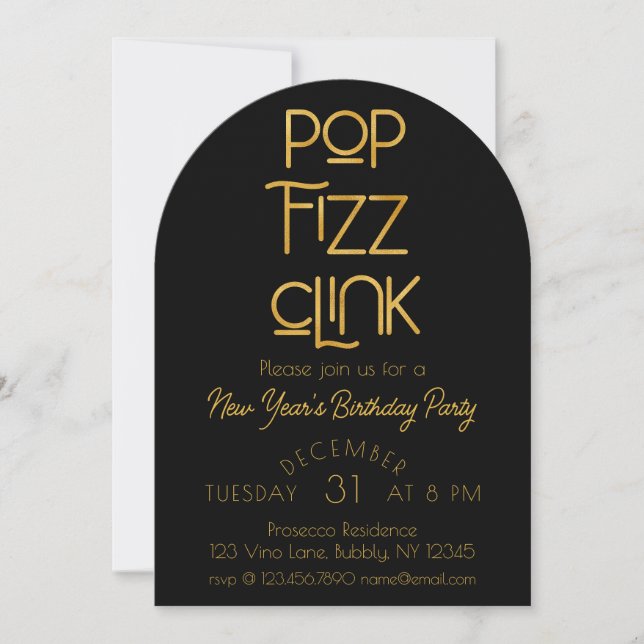 Invitation Élégante Pop Fizz Clink fête du Nouvel An (Devant)