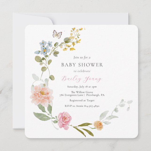 Invitation élégante pour une baby shower florale (Devant)