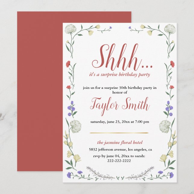 Invitation élégante pour une fête surprise sur le  (Devant / Derrière)