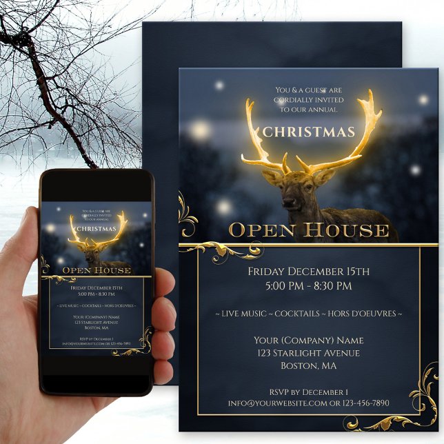 Invitation élégante pour une maison ouverte pendan (Christmas Open House invitation showing a deer with glowing antlers and festive light sparkles)