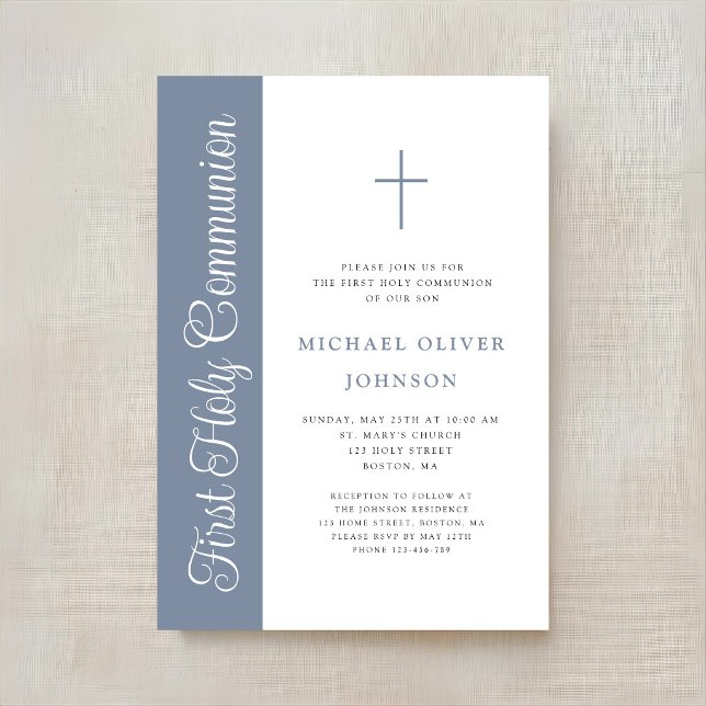 Invitation élégante poussiéreuse bleu script pour  (Elegant Dusty Blue Script Boy First Communion Invi Invitation)
