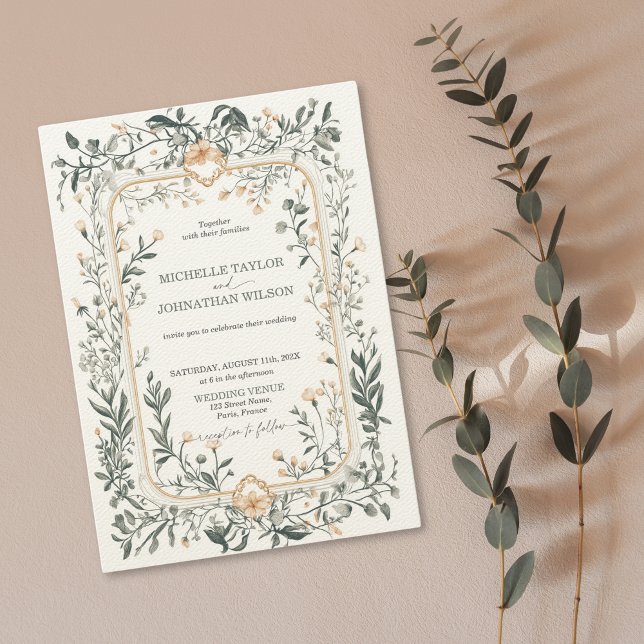 Invitation Élégante prairie victorienne Vintage (victorian filigree meadow floral border in pastel color cheme)