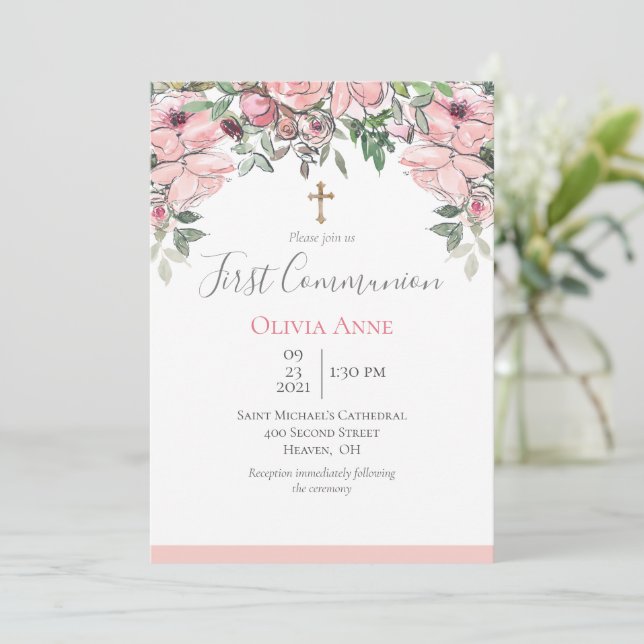 Invitation Élégante Première Communion rose Nom floral (Debout devant)