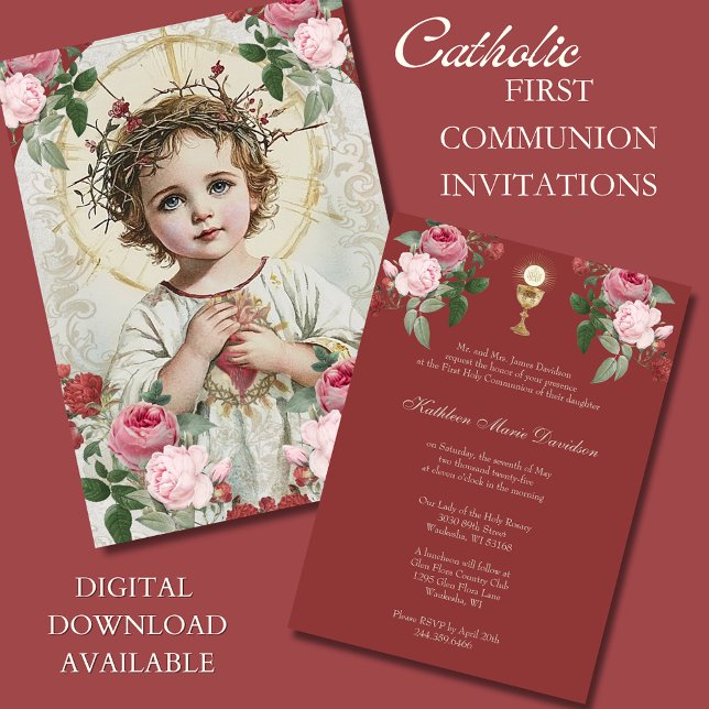Invitation Élégante première communion rose rouge floral Jésu (Créateur téléchargé)