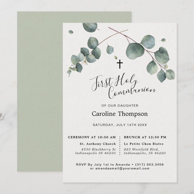 Invitation Élégante première communion sacrée des Eucalyptus (Devant / Derrière)