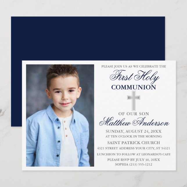 Invitation Élégante Première Sainte Communion Photo Bleu Arge (Devant / Derrière)