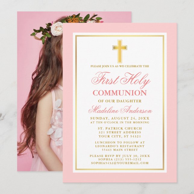 Invitation Élégante Première Sainte Communion Photo Or rose (Devant / Derrière)