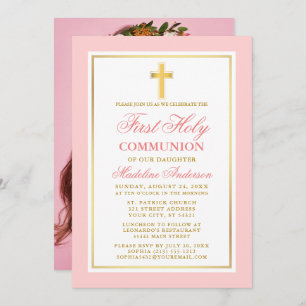 Invitation Élégante Première Sainte Communion Photo Or rose