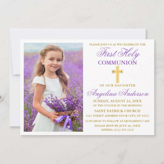 Invitation Élégante Première Sainte Communion Violet Gold Pho (Devant)