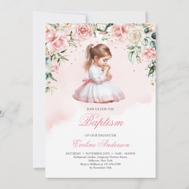 Invitation Élégante prière petite fille aquarelle rousse rose (Devant)