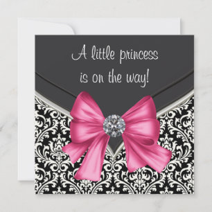 Invitation Élégante princesse Damas noire rose Baby shower