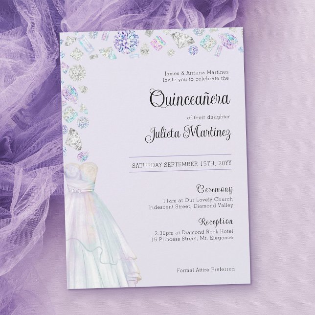 Invitation Élégante princesse Diamond Quinceanera et messe (Elegant Quinceanera invitation template in light purple)
