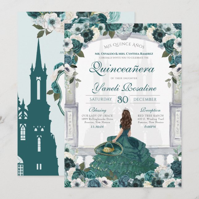Invitation Élégante princesse Emerald Green Charro Quinceaner (Devant / Derrière)