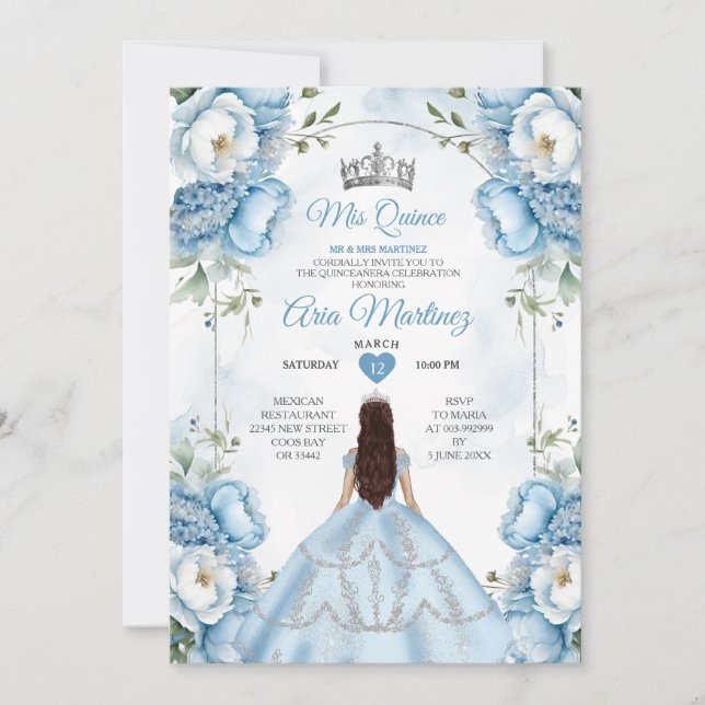 Invitation Élégante Princesse Florale Bleue Et Blanche Quiñce (Devant)