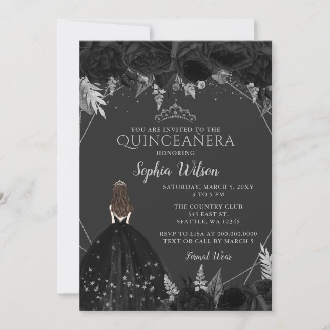 Invitation Élégante princesse florale en argent noir Quinceañ (Devant)
