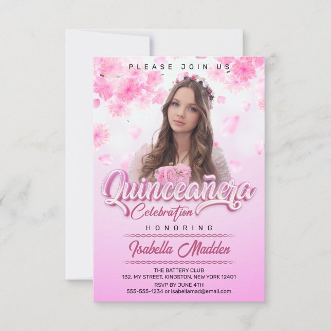 Invitation Élégante princesse florale rose Quinceanera Photo (Devant)