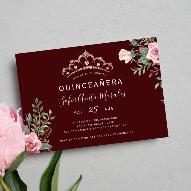 Invitation Élégante princesse florale tiara bordeaux Quincean (Créateur téléchargé)