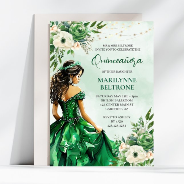 Invitation Élégante princesse florale verte Quinceañera (Créateur téléchargé)