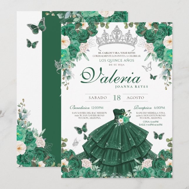 Invitation Elégante princesse Rose d'argent vert Quinceanera (Devant / Derrière)