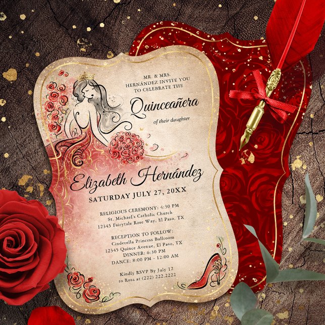 Invitation Elégante princesse Rouge et Or Quinceanera Anniver (Elegant princess red and gold quinceanera invitations that can be personalized by you.)