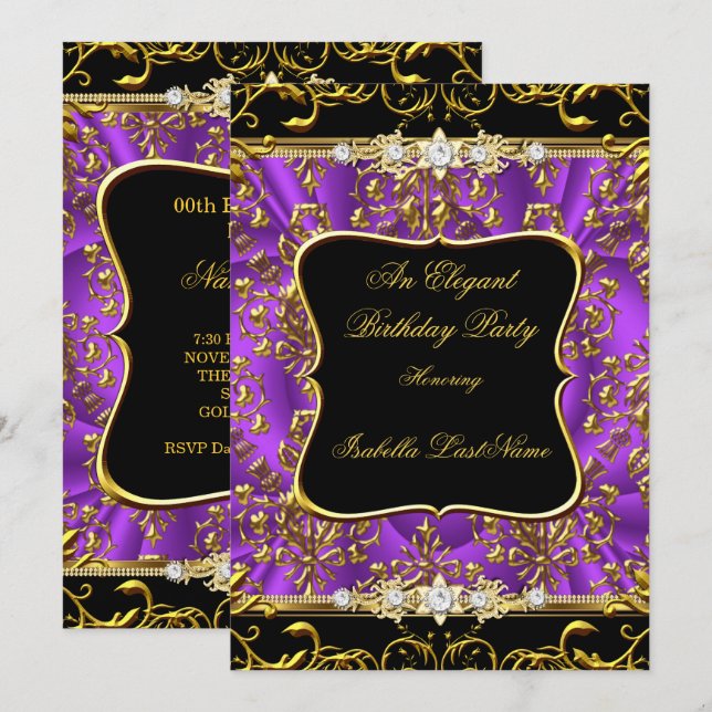 Invitation Elégante Purple Damask Black Gold fête d'anniversa (Devant / Derrière)