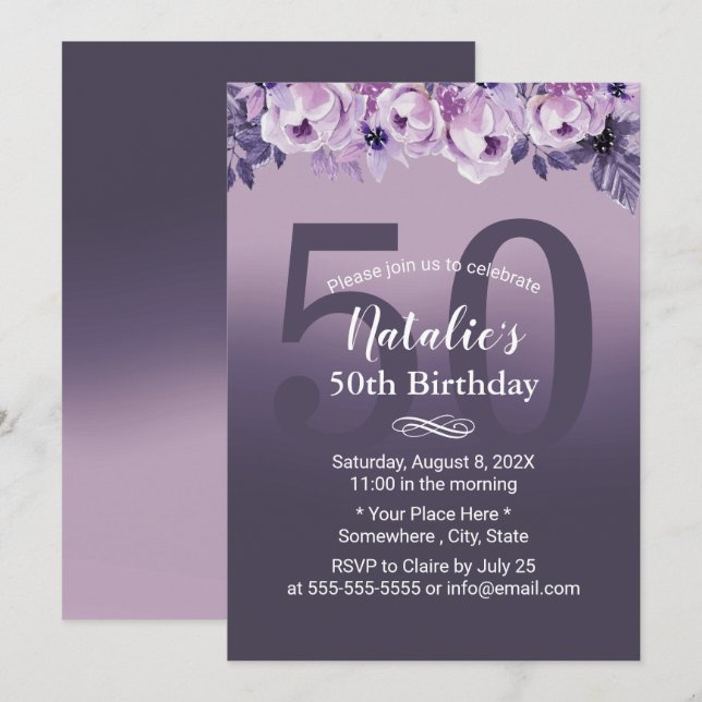 Invitation Élégante Purple Floral Girl 50e fête d'anniversair (Devant / Derrière)