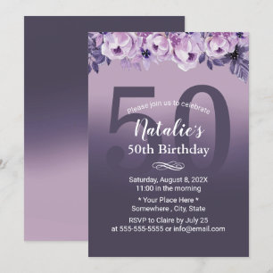 Invitation Élégante Purple Floral Girl 50e fête d'anniversair