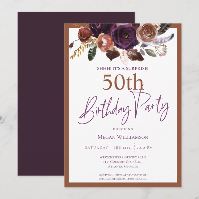 Invitation Elégante Purple Gold Surprise 50e fête d'anniversa (Devant / Derrière)