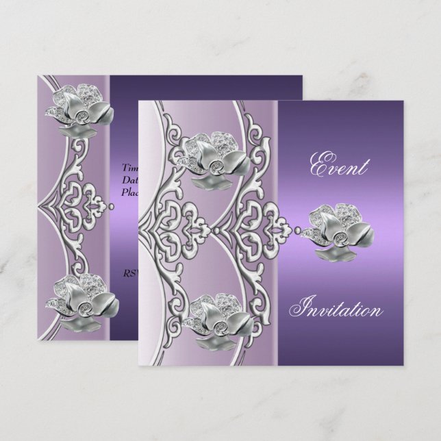 Invitation Élégante Purple Mauve Argent Floral (Devant / Derrière)