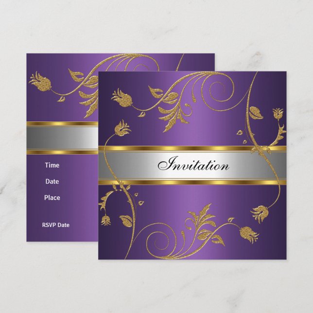 Invitation Élégante Purple Or Argent Floral (Devant / Derrière)